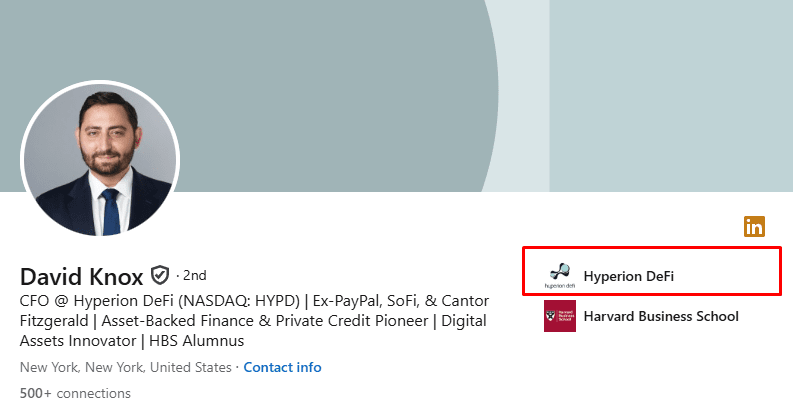 David Knox’s LinkedIn profile already lists “Hyperion DeFi” as his current workplace. Source: linkedin.com